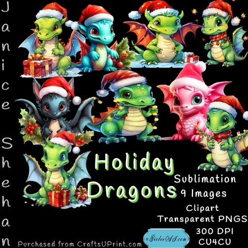  CHRISTMAS DRAGONS, HOLIDAY, SANTA HATS, CLIPART, SUBLIMATION, CARDS, 