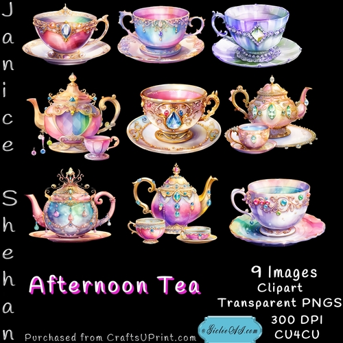 TEA CUPS POTS, AFTERNOON TEA, CLIPART, SUBLIMATION, CARDS