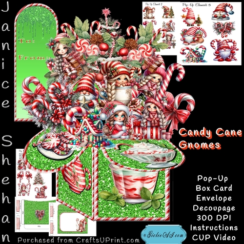 CHRISTMAS CANDY CANE GNOMES POP-UP CARD, ENVELOPE AND DECOUPAGE