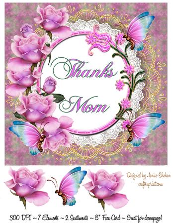 Thanks Mom Mum Pink Flowers 3D Decoupage