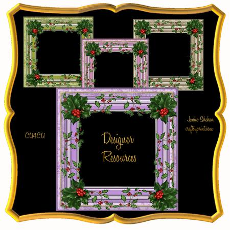 Christmas Holly, Poinsettia and Gold 4 Frames