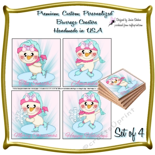 DRINK COASTER TOPPERS DIY SET OF 4 SNOWMEN GIRL SKATING WINTER CHRISTMAS #31