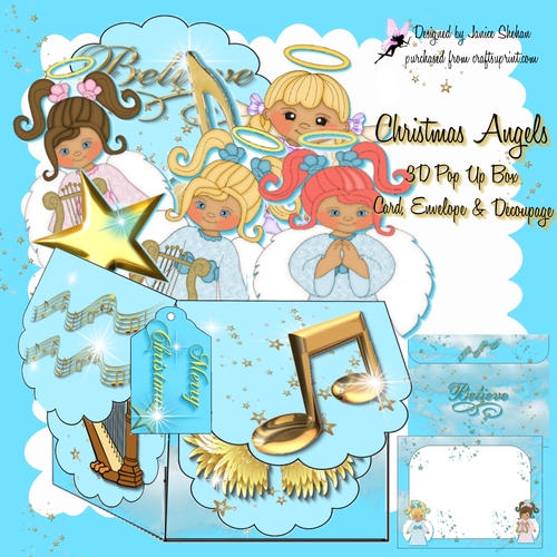 CHRISTMAS ANGELS ON HIGH 3D POP UP BOX CARD ENVELOPE DECOUPAGE