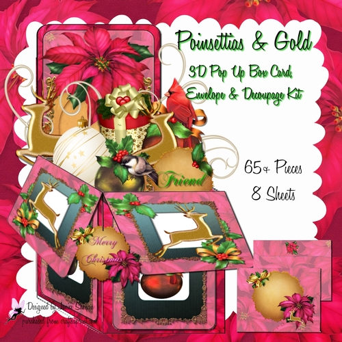 CHRISTMAS POINSETTIAS AND GOLD 3D POP UP BOX CARD, ENVELOPE & DECOUPAGE KIT