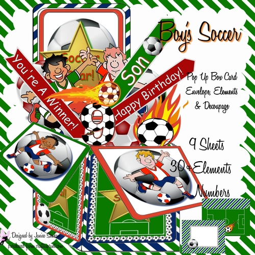 BOYS SOCCER 3D POP UP BOX CARD DECOUPAGE, ENVELOPE SET