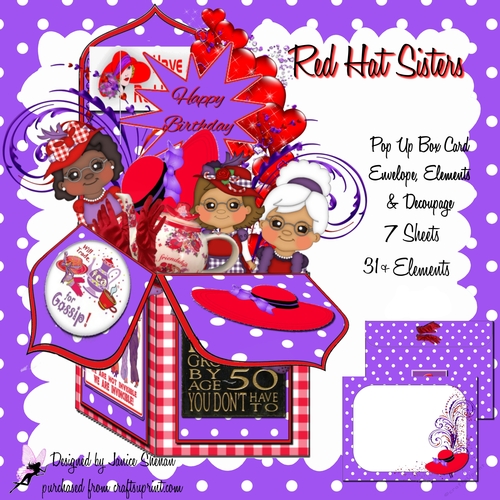 3D POP UP BOX CARD - RED HAT SISTERS