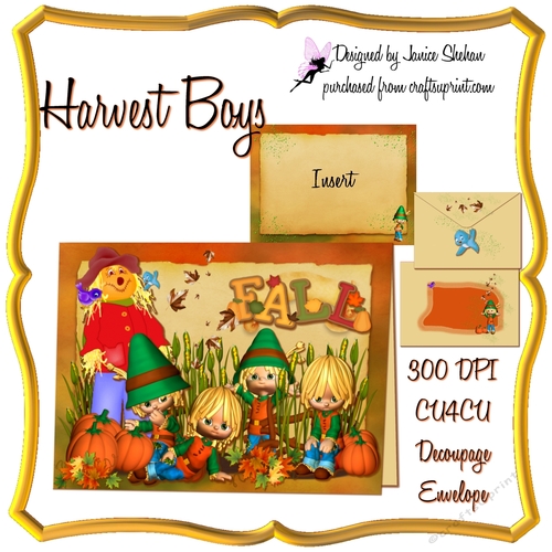 FALL AUTUMN HARVEST BOYS - 5X7 CARD, ENVELOPE, INSERT, DECOUPAGE KIT