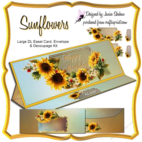 LARGE DL EASEL CARD, ENVELOPE AND DECOUPAGE KIT - SUNFLOWERS