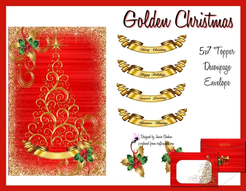 5 x 7 GOLDEN CHRISTMAS TREE CARD, DECOUPAGE AND ENVELOPE KIT