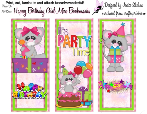 BIRTHDAY BOOKMARKS BOOK MARK - MICE GIRLS