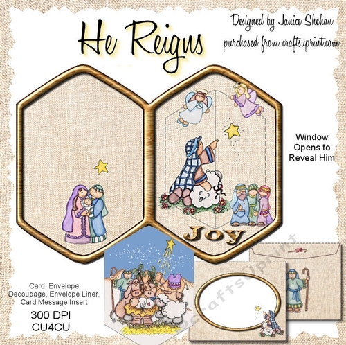 SWINGING DOOR CARD, ENVELOPE, DECOUPAGE, LINERS - HE REIGNS