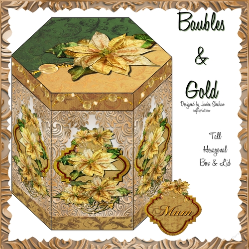GORGEOUS TALL HEXAGONAL DECOUPAGE BOX - BAUBLES AND GOLD CHRISTMAS