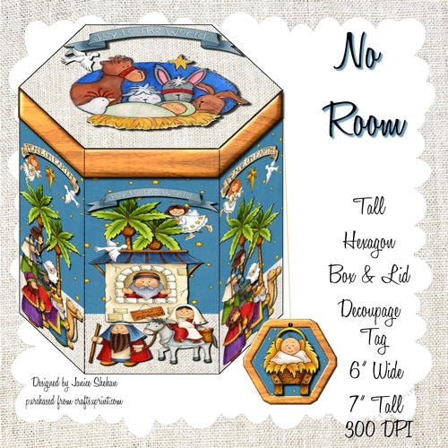 GORGEOUS TALL HEXAGONAL DECOUPAGE BOX - NO ROOM CHRISTMAS