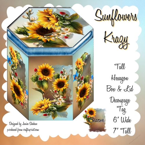GORGEOUS TALL HEXAGONAL DECOUPAGE BOX - SUNFLOWERS KRAZY