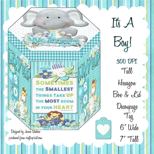 GORGEOUS TALL HEXAGONAL DECOUPAGE BOX - ITS A BOY!