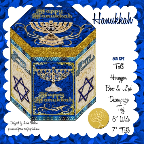 GORGEOUS TALL HEXAGONAL DECOUPAGE BOX - HANUKKAH