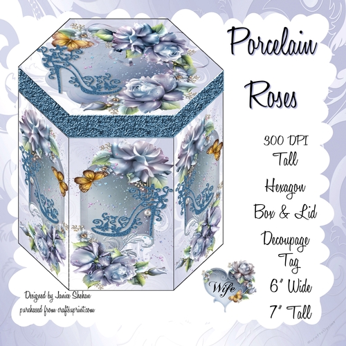 GORGEOUS TALL HEXAGONAL DECOUPAGE BOX - PORCELAIN ROSES