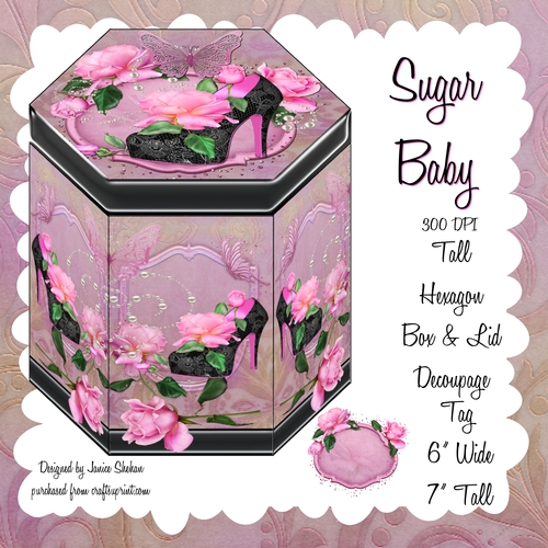 GORGEOUS TALL HEXAGONAL DECOUPAGE BOX - SUGAR BABY