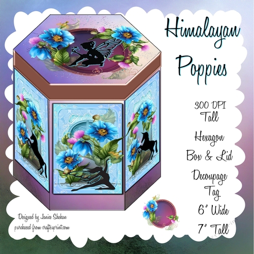 GORGEOUS TALL HEXAGONAL DECOUPAGE BOX - HIMALAYAN POPPIES