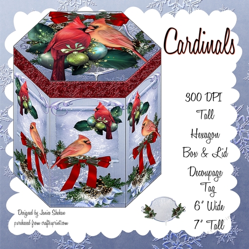 GORGEOUS TALL HEXAGONAL DECOUPAGE BOX - CARDINALS