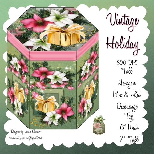 GORGEOUS TALL HEXAGONAL DECOUPAGE BOX - VINTAGE CHRISTMAS