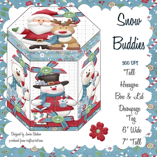 GORGEOUS TALL HEXAGONAL DECOUPAGE BOX - SNOW BUDDIES