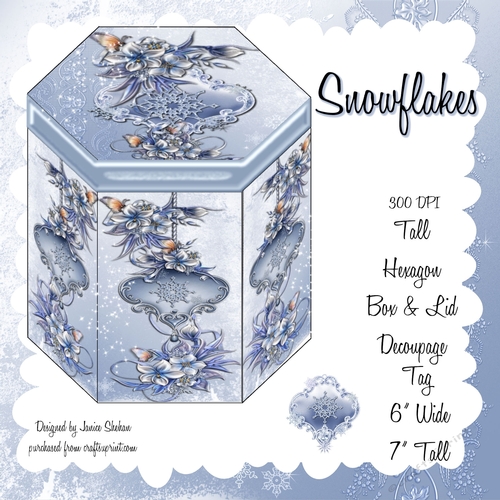 GORGEOUS TALL HEXAGONAL DECOUPAGE BOX - SNOWFLAKES