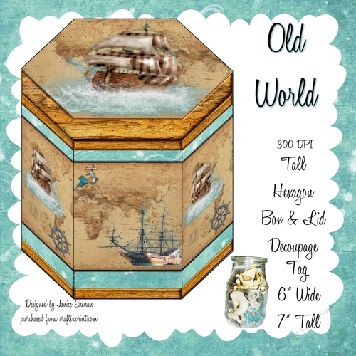 HANDSOME TALL HEXAGONAL DECOUPAGE BOX - OLD WORLD -  MEN MALE