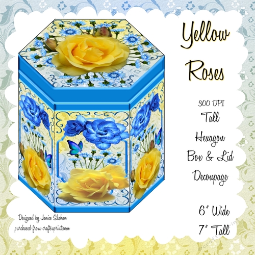 GORGEOUS TALL HEXAGONAL DECOUPAGE BOX - YELLOW ROSES