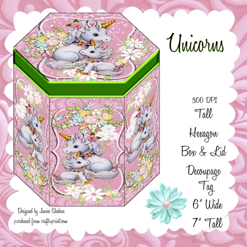GORGEOUS TALL HEXAGONAL DECOUPAGE BOX - UNICORNS