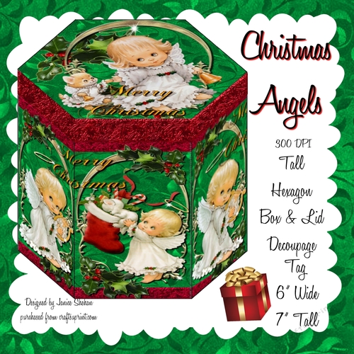 GORGEOUS TALL HEXAGONAL DECOUPAGE BOX - CHRISTMAS ANGELS