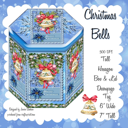 GORGEOUS TALL HEXAGONAL DECOUPAGE BOX - CHRISTMAS BELLS