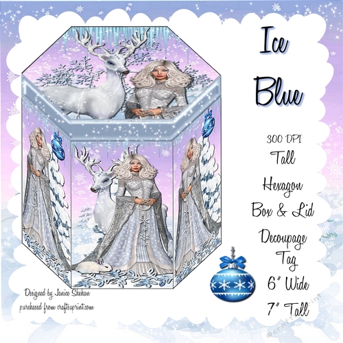 GORGEOUS TALL HEXAGONAL CHRISTMAS DECOUPAGE BOX - ICE BLUE