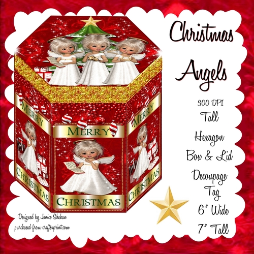 GORGEOUS TALL HEXAGONAL CHRISTMAS DECOUPAGE BOX - CHRISTMAS ANGELS