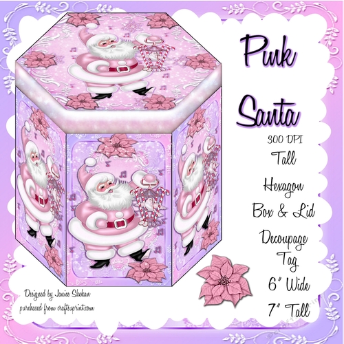 GORGEOUS TALL HEXAGONAL DECOUPAGE BOX - PINK SANTA