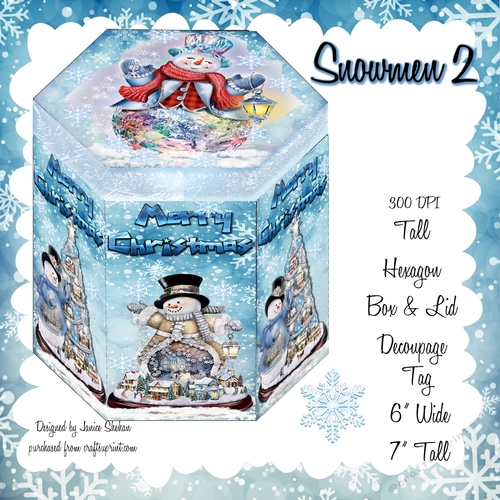 GORGEOUS TALL HEXAGONAL DECOUPAGE BOX - SNOWMEN 2