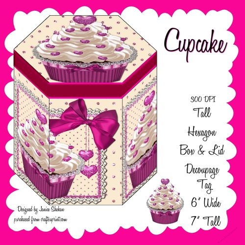 GORGEOUS TALL HEXAGONAL DECOUPAGE BOX - CUPCAKE