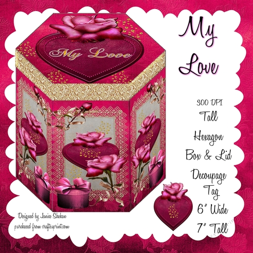 GORGEOUS TALL HEXAGONAL DECOUPAGE BOX - MY LOVE