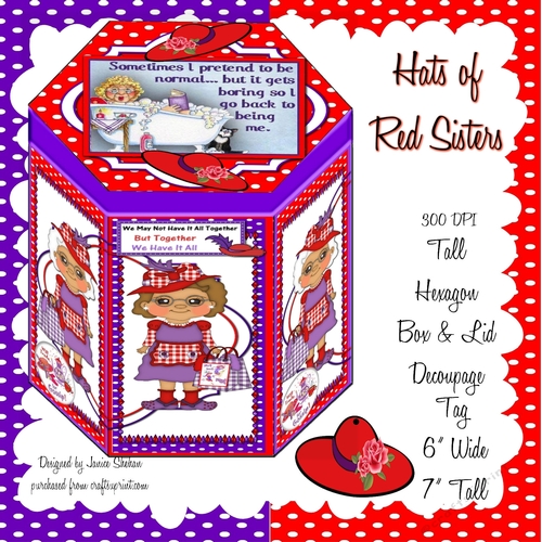TALL HEXAGONAL DECOUPAGE BOX - SISTERS RED HATS