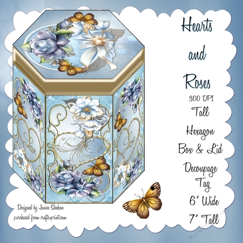 TALL HEXAGONAL DECOUPAGE BOX - HEARTS AND ROSES