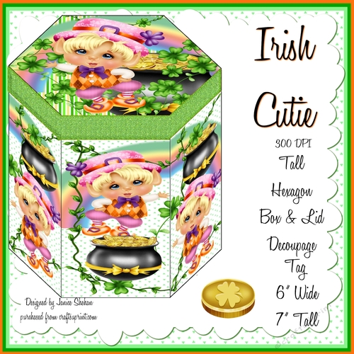 GORGEOUS TALL HEXAGONAL DECOUPAGE BOX - IRISH CUTIE