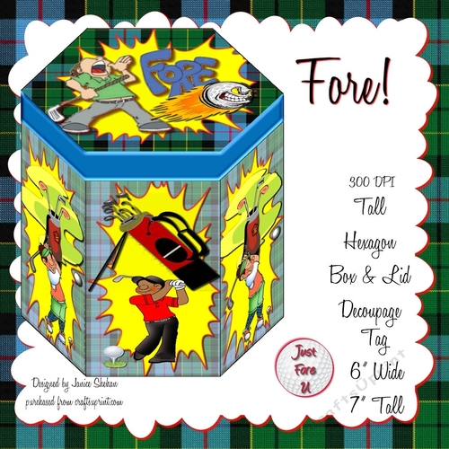 GORGEOUS TALL HEXAGONAL DECOUPAGE BOX - FORE! FATHERS DAY BIRTHDAY