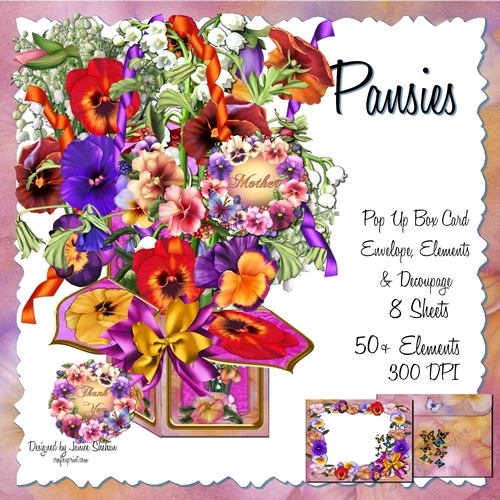 PANSIES - MOTHERS DAY 3D POP UP BOX CARD, DECOUPAGE AND ENVELOPE