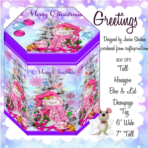 PINK SNOWMAN - TALL HEXAGONAL DECOUPAGE BOX
