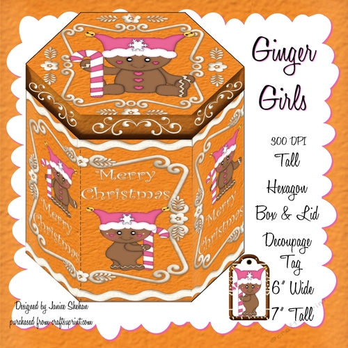 CHRISTMAS GINGER GIRLS - TALL HEXAGONAL DECOUPAGE BOX