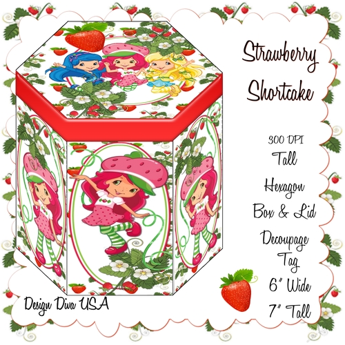 STRAWBERRY SHORT CAKE TALL HEXAGONAL DECOUPAGE BOX