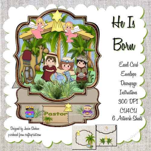 HE IS BORN - EASEL CARD DECOUPAGE AND ENVELOPE KIT 
