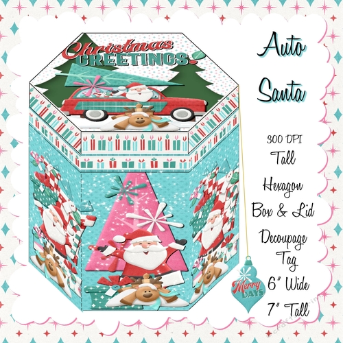 CHRISTMAS AUTO SANTA - HEXGONAL FAVOR GIFT BOX DECOUPAGE