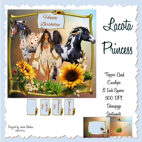 TOPPER CARD DECOUPAGE AND ENVELOPE - LACOTA PRINCESS - AMERICAN INDIAN