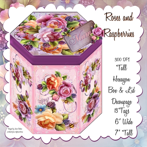  ROSES AND RASPBERRIES - HEXAGONAL GIFT BOX - HB 113